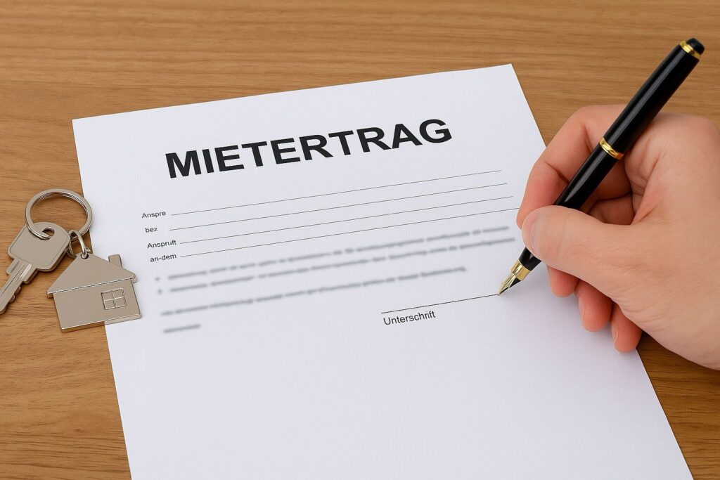 Blatt mit der Aufschrift „Mietvertrag“ und Hand mit Stift zur Unterschrift